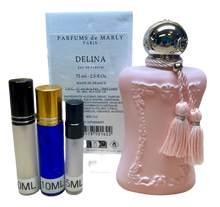 Load image into Gallery viewer, Delina Parfum de Marly Eau de Parfum Travel Size 0.33 Fl. Oz./10 Ml. Or 0.16. Fl. Oz./5 Ml Atomizer Spray or Roll-on Bottle