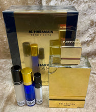 Load image into Gallery viewer, Amber Oud Gold Edition Al Haramain Travel Size 0.33 Fl. Oz. 10 Ml. 0.16 Fl. Oz. 5 Ml. Atomizer Spray or Roll-on Bottle