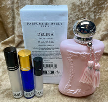 Load image into Gallery viewer, Delina Parfum de Marly Eau de Parfum Travel Size 0.33 Fl. Oz./10 Ml. Or 0.16. Fl. Oz./5 Ml Atomizer Spray or Roll-on Bottle