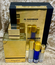 Load image into Gallery viewer, Haramami Amber Oud Gold Edition Al Haramain Travel Size 0.33 Fl. Oz. 10ml or 0.16 Fl. Oz. 5ml Atomizer Spray or Roll-on Bottle