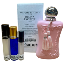 Load image into Gallery viewer, Delina Exclusif Parfum de Marly Parfum Travel Size 0.33 Fl. Oz./10 Ml. Or 0.16. Fl. Oz./5 Ml Atomizer Spray or Roll-on Bottle