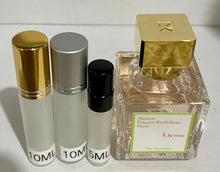 Load image into Gallery viewer, A la Rose Maison Francis Kurkdjian Travel Size Eau de Parfum 0.33 Fl. Oz./10 Ml. Or. 0.16 Fl. Oz.:5 Ml. Atomizer Spray or Roll-on Bottle