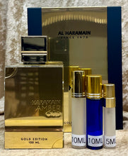 Load image into Gallery viewer, Haramami Amber Oud Gold Edition Al Haramain Travel Size 0.33 Fl. Oz. 10ml or 0.16 Fl. Oz. 5ml Atomizer Spray or Roll-on Bottle