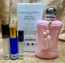 Load image into Gallery viewer, Delina Exclusif Parfum de Marly Parfum Travel Size 0.33 Fl. Oz./10 Ml. Or 0.16. Fl. Oz./5 Ml Atomizer Spray or Roll-on Bottle