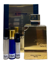 Load image into Gallery viewer, Amber Oud Gold Edition Al Haramain Travel Size 0.33 Fl. Oz. 10 Ml. 0.16 Fl. Oz. 5 Ml. Atomizer Spray or Roll-on Bottle