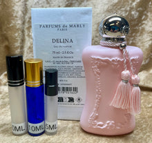 Load image into Gallery viewer, Delina Parfum de Marly Eau de Parfum Travel Size 0.33 Fl. Oz./10 Ml. Or 0.16. Fl. Oz./5 Ml Atomizer Spray or Roll-on Bottle