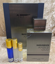 Load image into Gallery viewer, Amber Oud Carbon Edition Haramain Travel Size Eau de Parfum 0.33 Fl. Oz. 10 Ml. Or 0.16 Fl. Oz. 5 Ml. Atomizer Spray or Roll-on Bottle