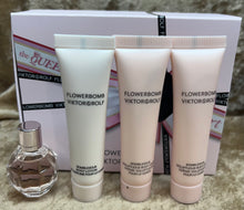 Load image into Gallery viewer, Flowerbomb Viktor&amp;Rolf Eau Parfum 0.24 Fl. Oz. &amp; 2X Bomblicious Body Cream 1.7 Oz. 50 Ml. &amp; Bomblicious Body Lotion. Travel/Sample Size.