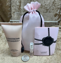 Load image into Gallery viewer, Flowerbomb Viktor&amp;Rolf EDP Sample 0.04Fl. Oz. Spray &amp; Bomblicious Hand Cream 1.7 Oz 2pcs Travel Size Set